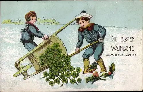 Präge Ak Glückwunsch Neujahr, Jungen, Glücksklee, Schubkarre