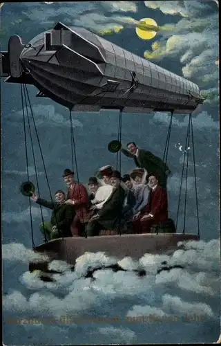 Mondschein Ak Glückwunsch Neujahr, Luftschiff, Fahrgäste