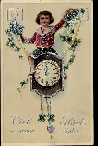Ak Glückwunsch Neujahr, Uhr, Kind, Glücksklee, Vergissmeinnicht