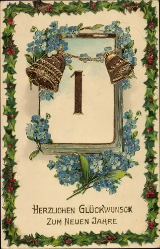 Passepartout Ak Glückwunsch Neujahr, Kalender, Glocken, Stechpalme, Vergissmeinnicht