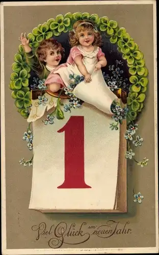 Präge Ak Glückwunsch Neujahr, Kalender, Kinder, Glücksklee, Vergissmeinnicht