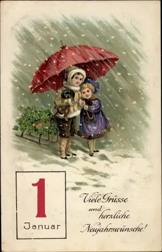 Ak Glückwunsch Neujahr, Kinder, Regnerisches Wetter, Kalender, Schlitten, Glücksklee