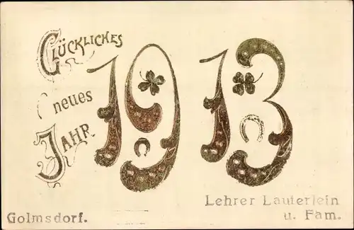 Präge Ak Glückwunsch Neujahr 1913, Glücksklee, Hufeisen