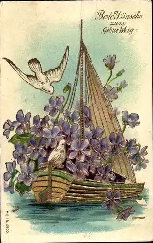Präge Ak Glückwunsch Geburtstag, Segelboot, Veilchen, Tauben