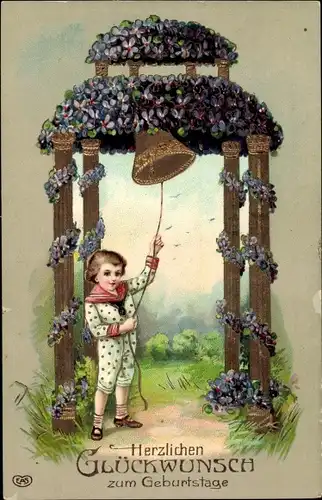 Ak Glückwunsch Geburtstag, Kind, Glocke, Veilchen