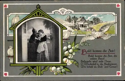 Ak Liebespaar, Soldat mit Frau, Bald kommt die Zeit, Tauben, Maiglöckchen