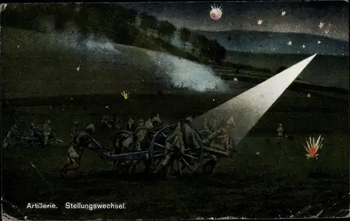 Mondschein Ak Artillerie, Stellungswechsel, Deutsche Soldaten, Geschütz, I. WK