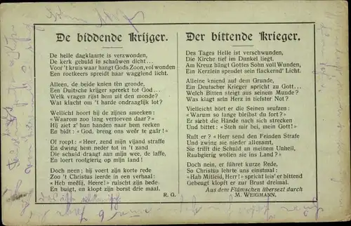 Ak Gedicht Der bittende Krieger, Des Tages Helle ist verschwunden...