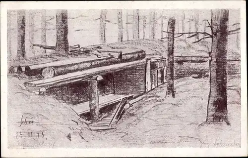 Künstler Ak Schützengraben im Wald, Gewehr, Holzbalken