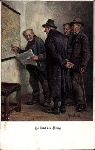 Künstler Ak So steht der Sieg, alte Männer vor einer Landkarte