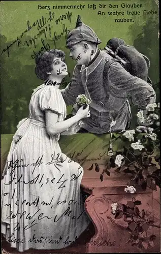 Ak Soldat und seine Frau, Soldatenliebe, Herz nimmermehr lass dir den Glauben...