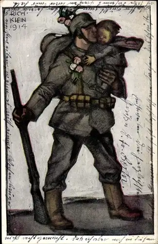 Künstler Ak Klein, Richard, Soldat küsst ein Kind, Kriegsausmarsch
