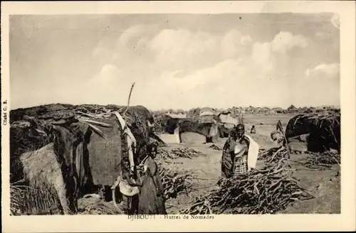 Ak Djibouti Dschibuti, Huttes de Numades, Holzhändler