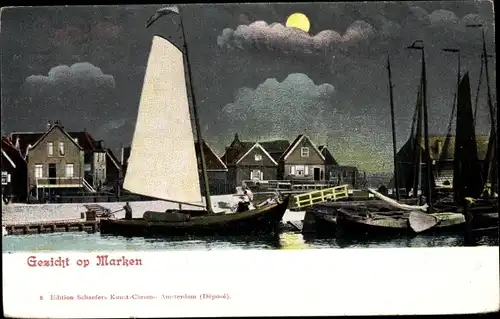 Mondschein Ak Marken Nordholland Niederlande, Hafenpartie, Segelboot