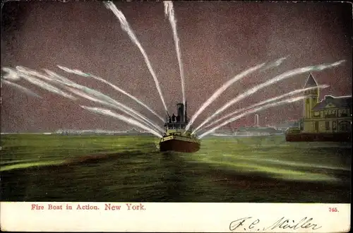 Ak New York City USA, Fire Boat in Action
