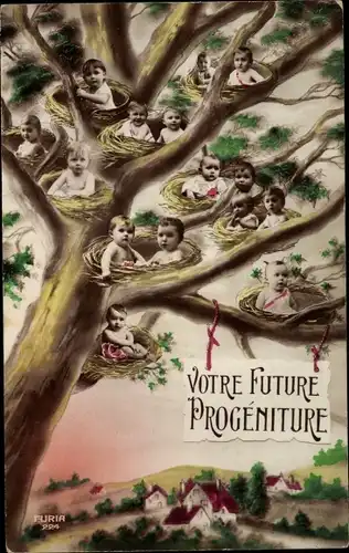 Ak Votre Future Progeniture, Babys in Vogelnestern auf einem Baum, Fotomontage