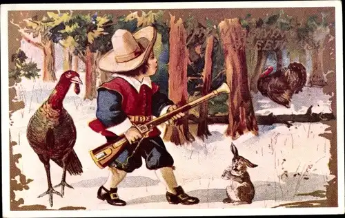 Ak Thanksgiving, Jäger, Truthahn, Pute, Hase