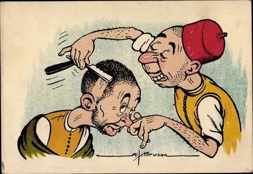 Künstler Ak Bruzon, Mann beim Barbier, Friseur, Rasur
