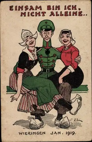 Künstler Ak Kronprinz Wilhelm, Exil, Frauen in niederländischer Tracht, Karikatur, Wieringen 1919