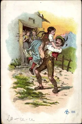 Litho Tanzendes Paar in bayrischen Trachten