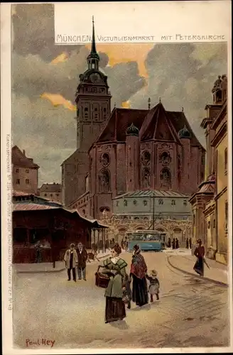 Künstler Litho Hey, Paul, München Bayern, Victualienmarkt mit Peterskirche