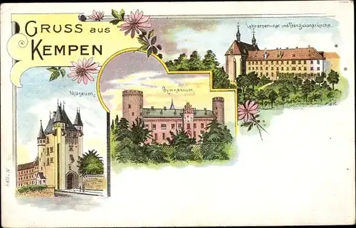 Litho Kempen am Niederrhein, Museum, Gymnasium, Lehrerseminar und Franziskanerkirche