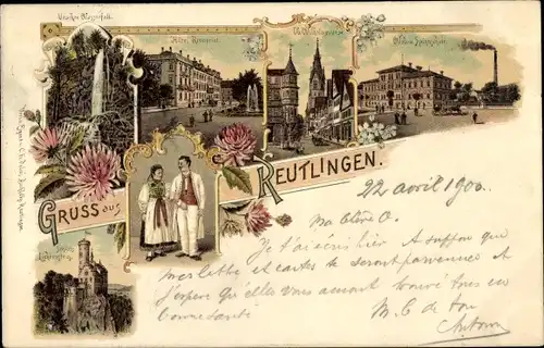 Litho Reutlingen in Württemberg, Schloss Lichtenstein, Wasserfall, Badische Trachten