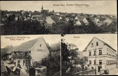 Ak Nieder Hilbersheim in Rheinhessen, Schule, Metzgerei und Wirtschaft von Georg Moller