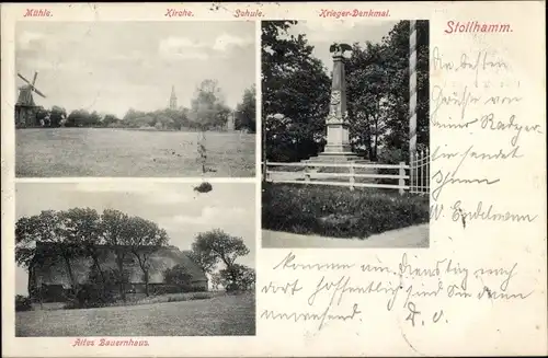 Ak Stollhamm Butjadingen Wesermarsch, Windmühle, Kirche, Schule, Kriegerdenkmal, Bauernhaus