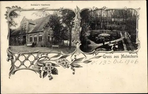 Ak Mulmshorn Rotenburg an der Wümme, Bellmer's Gasthaus, Teich, Springbrunnen