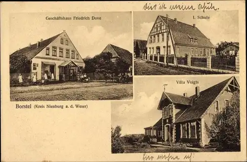 Ak Borstel (Kr. Nienburg) Kr. Diepholz Niedersachsen, Schule, Villa Voigts, Geschäftshaus F. Dove