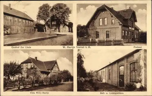 Ak Varrel in Niedersachsen, Gasthof zur Linde, Postamt, Ball- und Lichtspielhaus, Villa Willy Hartje