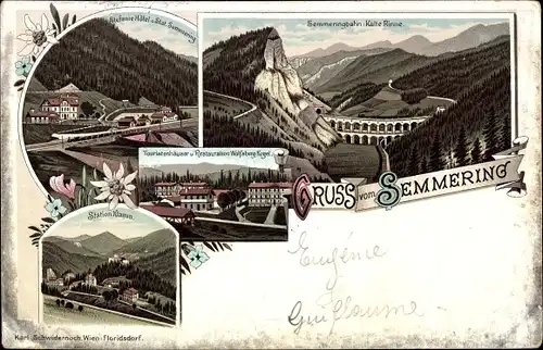 Litho Semmering Steiermark, Semmeringbahn, Viaduct, Touristenhäuser, Edelweiß