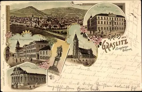 Litho Kraslice Graslitz Reg. Karlsbad, Amtsgebäude, Deutsche Turnhalle, Neue Kirche, Schule, Denkmal