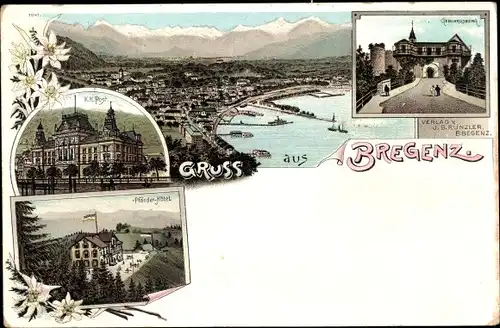 Litho Bregenz am Bodensee Vorarlberg, Panorama, K.k. Post, Pfänder Hotel