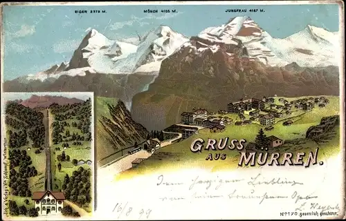 Litho Mürren Kanton Bern Schweiz, Panorama mit Eiger, Mönch und Jungfrau, Mürrenbahn