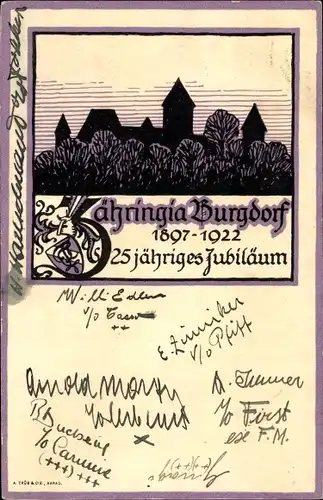 Studentika Ak Burgdorf Kanton Bern, Zähringia, 25jähriges Jubiläum 1897-1922