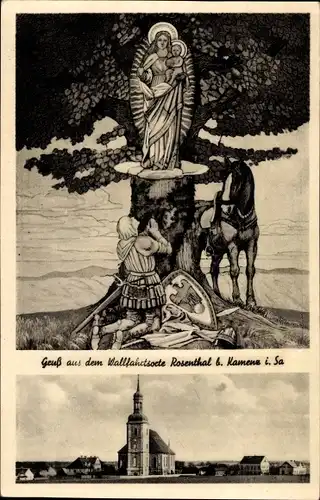 Ak Rosenthal bei Kamenz in der Oberlausitz Sachsen, Wallfahrtskirche, betender Ritter, Mutter Gottes