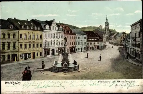 Ak Waldheim in Sachsen, Obermarkt mit Wettinbrunnen