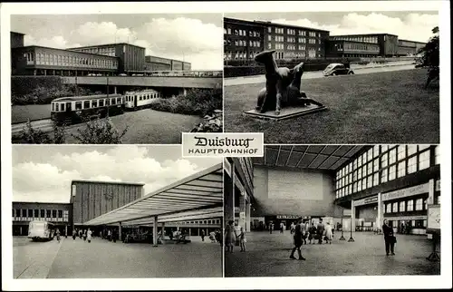 Ak Duisburg im Ruhrgebiet, Hauptbahnhof, Straßenbahn, Skulptur