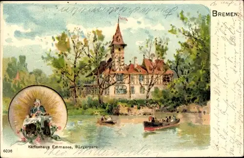 Litho Hansestadt Bremen, Kaffeehaus Emmasee, Bürgerpark, Boote
