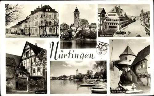 Ak Nürtingen am Neckar Württemberg, Kirche, Rathaus, Postamt, Bahnhof, Turm