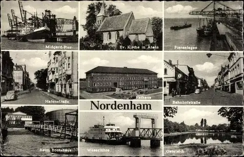 Ak Nordenham Oldenburger Land, Weserfähre, Midgardpier, Ev. Kirche in Atens, Bahnhofstraße, Rathaus