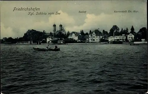 Ak Friedrichshafen am Bodensee, Kgl. Schloss vom See, Seehof, Kuranstalt Dr. Kay, Boot