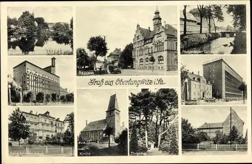 Ak Oberlungwitz in Sachsen, Kirche, Partie an der Lungwitz, Strumpffabrik Friedrich Tauscher