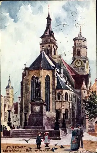 Künstler Ak Flower, C., Stuttgart am Neckar, Stiftskirche und Schiller-Denkmal
