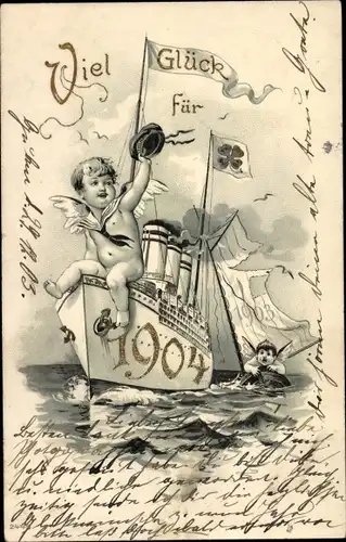 Litho Glückwunsch Neujahr 1904, Engel, Dampfer, Glücksklee