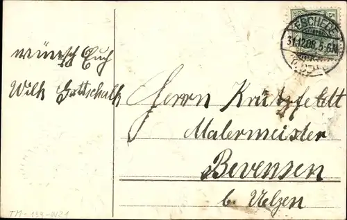 Präge Ak Glückwunsch Neujahr, Glücksklee, Vergissmeinnicht, Reh, Kirche