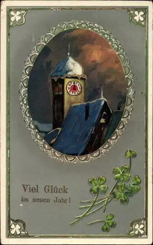 Präge Ak Glückwunsch Neujahr, Kirchturm, Glücksklee
