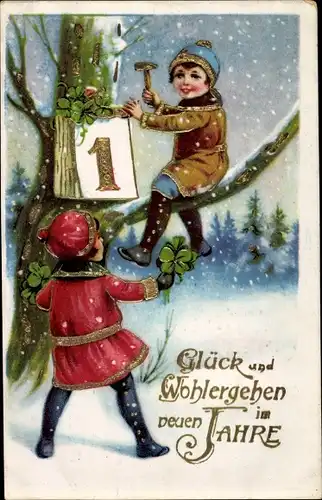 Ak Glückwunsch Neujahr, Kinder, Kalender, Baum, Glücksklee, Hammer